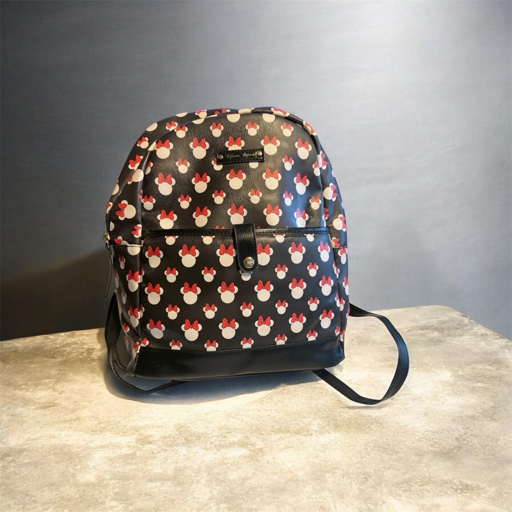 Disney Minnie Mouse Bow Print Backpack Black Faux Leather Mini Backpack